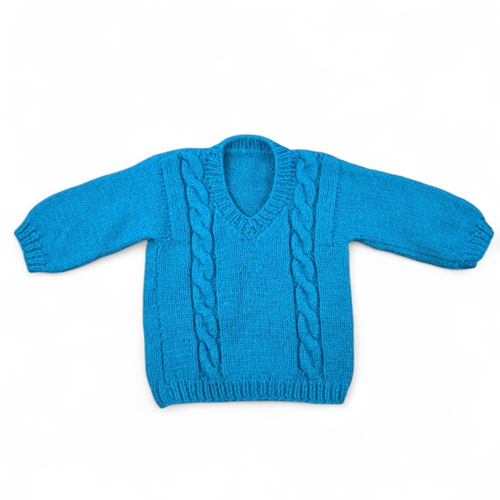 Hand Knit Baby Sweater Teal Cable Metallic Knit V-Neck Wool Blend Toddler 12-18M